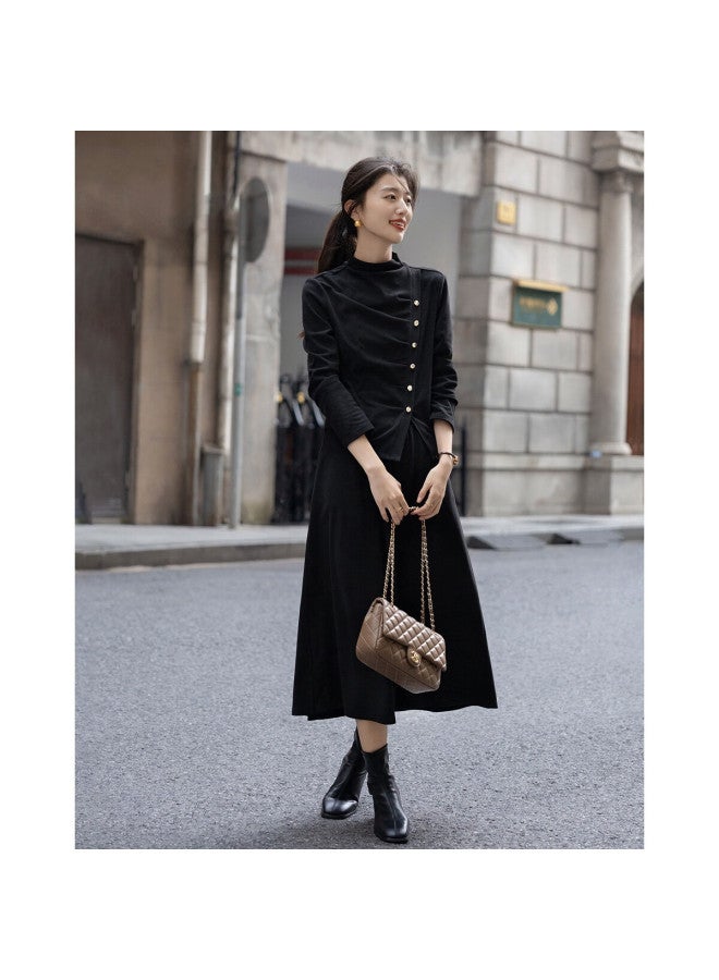 Dme Autumn Elegant Semi-turtleneck Wrinkled Button-up Top With Elastic Waist Skirt Two-piece Set - Image 1