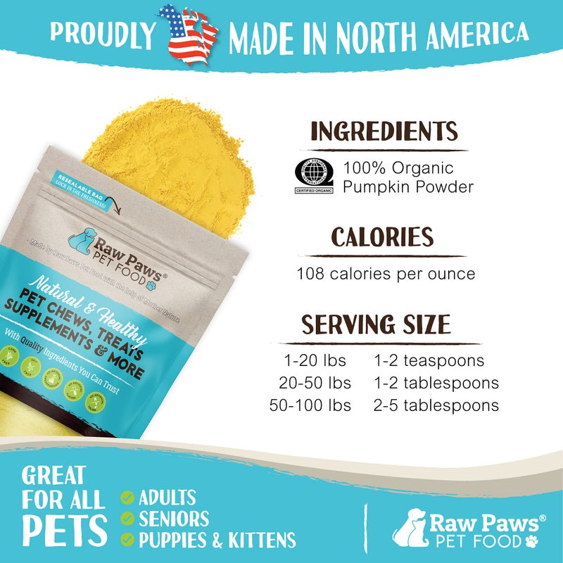 Raw Paws Organic Pumpkin Powder for Dogs & Cats (4-Ounce) - Made in USA - Fiber for Cats - Healthy Stool - Diarrhea & Constipation Relief - Dried Pumpkin for Dogs - Dog Food Topper - Image 4