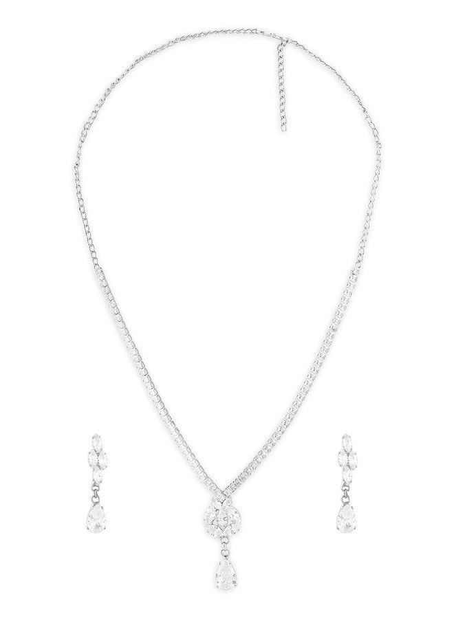 Ami Silver Tone Dazzling Bling Minimal Necklace and Earring Set For Women-ZPFK20623 - Image 1