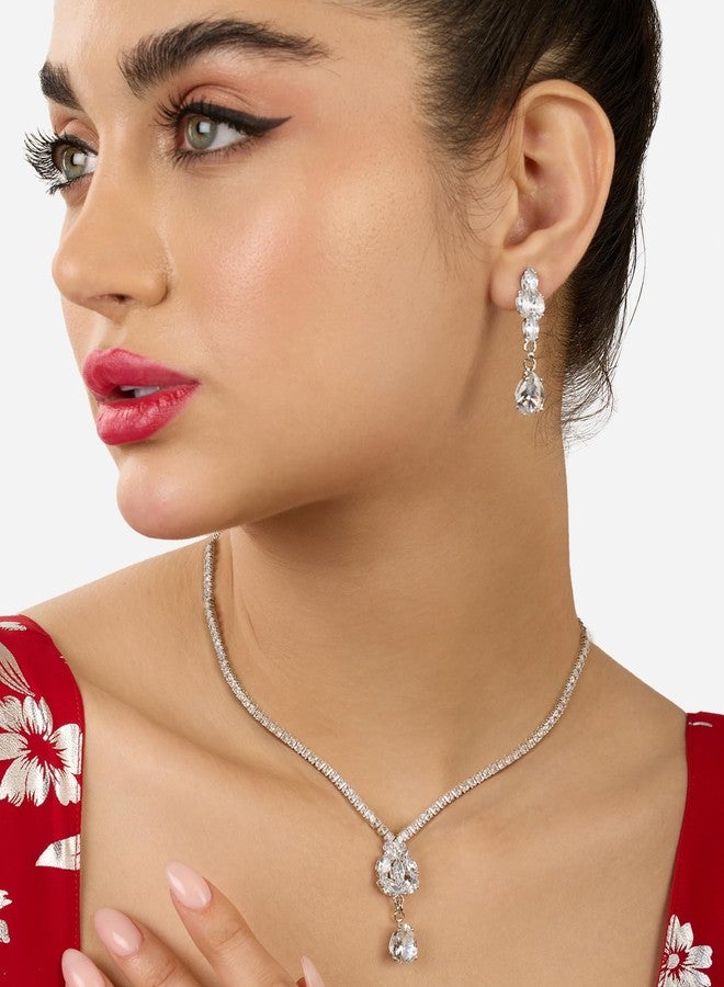 Ami Silver Tone Dazzling Bling Minimal Necklace and Earring Set For Women-ZPFK20623 - Image 3