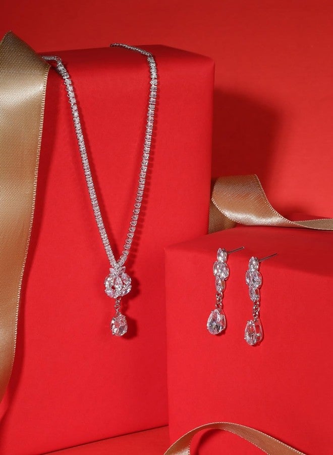 Ami Silver Tone Dazzling Bling Minimal Necklace and Earring Set For Women-ZPFK20623 - Image 2