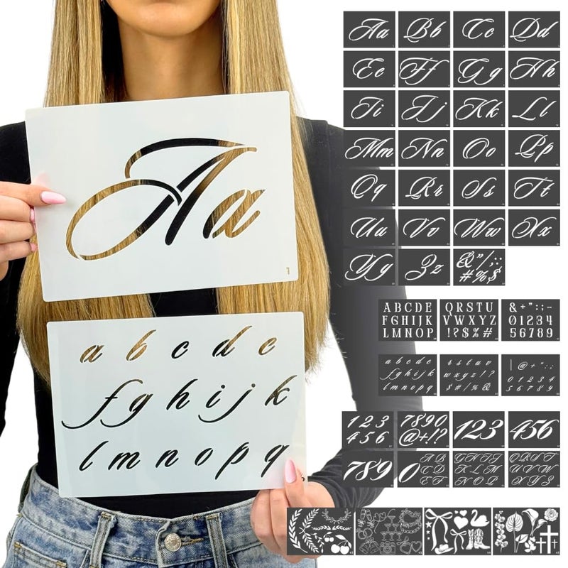CITRUSY Boutique Calligraphy Stencil Template Kit | 45 Reusable Pieces | Lettering Upper, Lowercase, Large & Small | Numbers, Punctuation, Laurels and Flowers - for Arts Crafts Painting Wood (Signature Kit) - Image 1