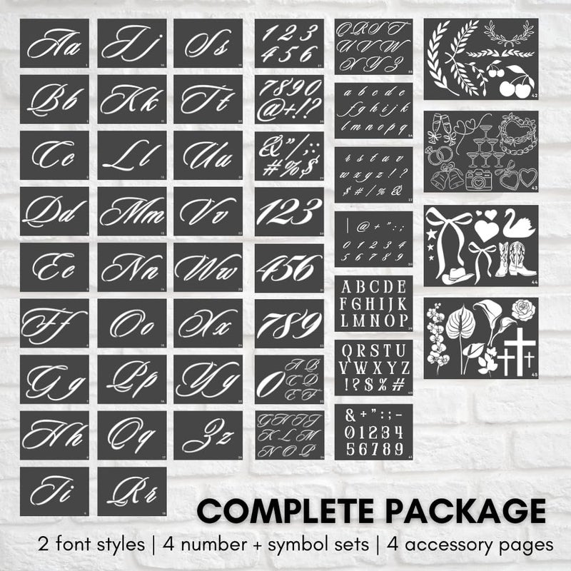 CITRUSY Boutique Calligraphy Stencil Template Kit | 45 Reusable Pieces | Lettering Upper, Lowercase, Large & Small | Numbers, Punctuation, Laurels and Flowers - for Arts Crafts Painting Wood (Signature Kit) - Image 2