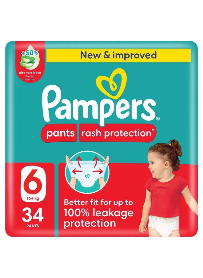 Pampers Rash Protection Size 6 Pants Diapers 16-21 Kg Mega Pack 34 Count - Image 1