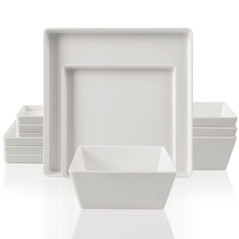 forlent 12 Piece Square Melamine Dinnerware Sets for 4  Plastic Matte White Plates and Bowls Sets Best for Indoor Outdoor Grill Holiday Party Camping BPAFree Dishwasher Safe