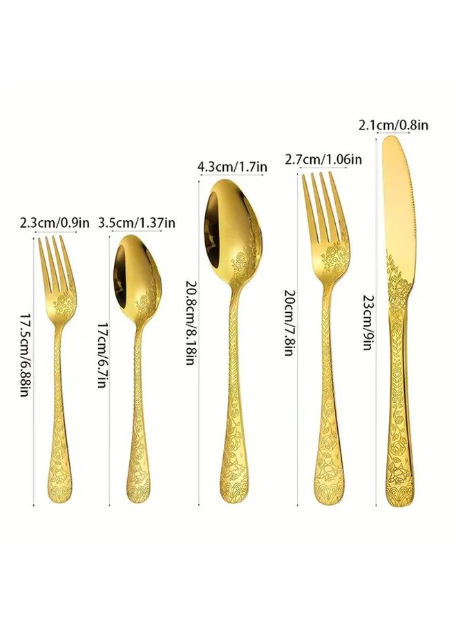 طقم مكون من 30 قطعة من أدوات المائدة الفضية المنقوشة المصنوعة من الفولاذ المقاوم للصدأ الذهبي بتصميم زهري رجعي، يتضمن سكين وشوكة وملعقة، آمنة للاستخدام في غسالة الأطباق، مناسبة للمنزل والمطبخ والمطعم والفندق وحفلات الزفاف والمهرجانات وعيد الفصح وعيد الشكر وعيد الميلاد، أدوات مائدة راقية. - Image 3