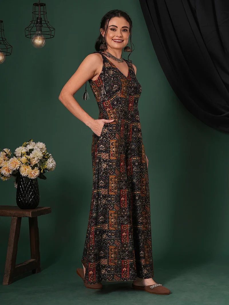 جلو باص Women V-Neck Tassel Tie-Up Shoulder Straps Ethnic Floral Print Flared Fusion Jumpsuit
