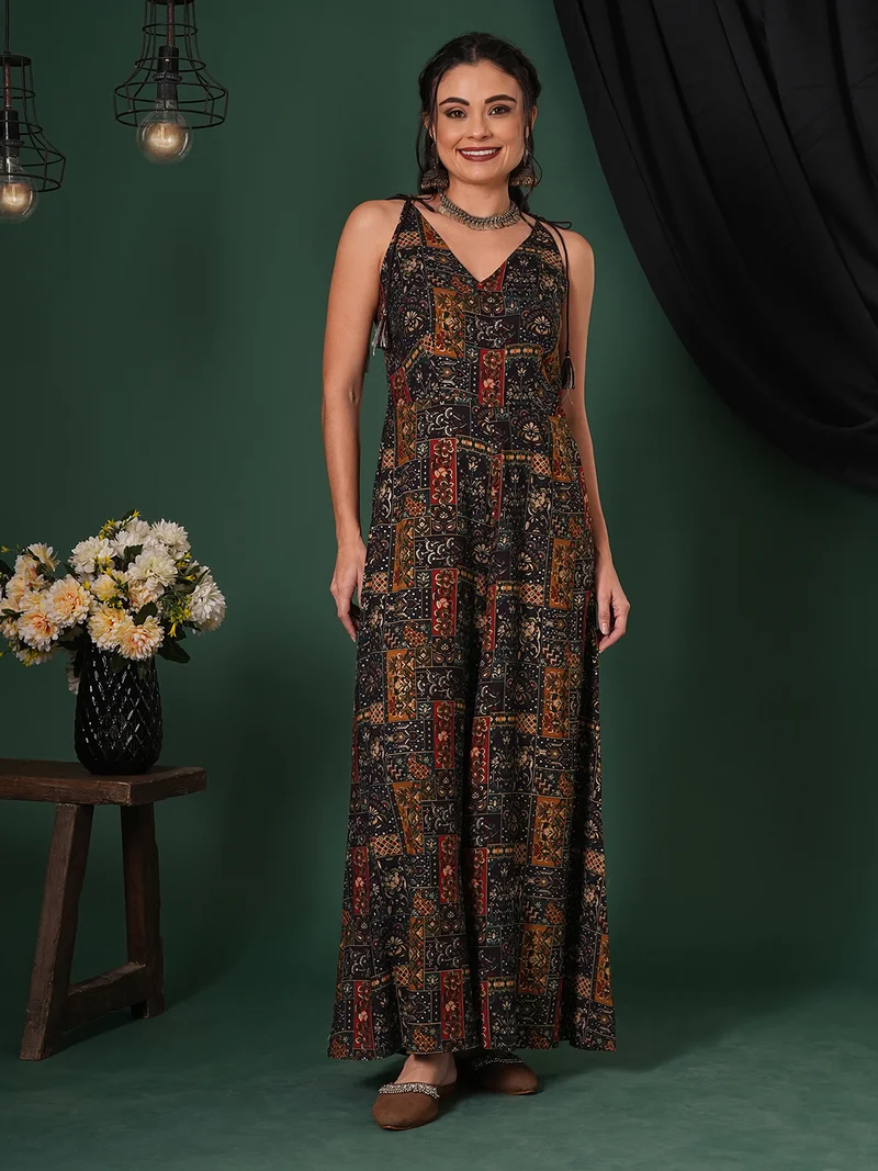 جلو باص Women V-Neck Tassel Tie-Up Shoulder Straps Ethnic Floral Print Flared Fusion Jumpsuit