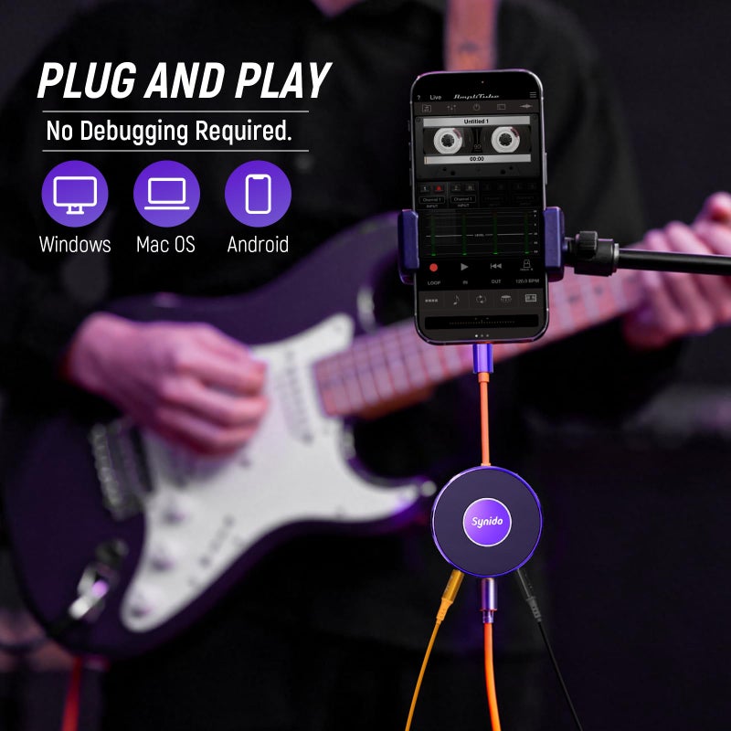 Synido Portable Guitar Audio Interface with USB-C 24bit, 48kHz Mini Interface for DJ Audio Output, Recording Music and Live Streaming with Instrument Input and Headphone Monitoring - Image 2