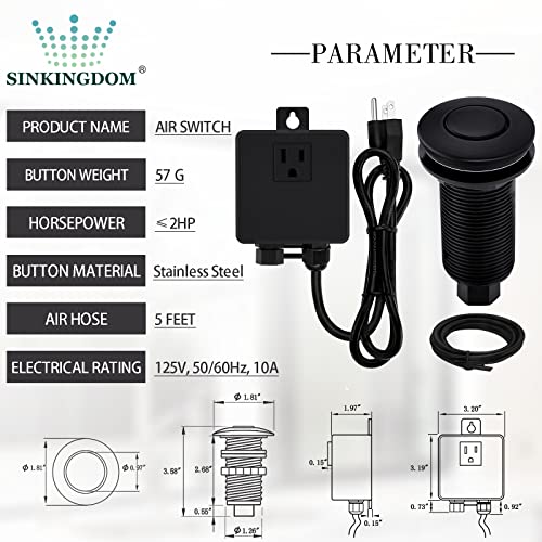 SINKINGDOM Garbage Disposal SinkTop Air Switch Kit with Long Button,Brass Made Cover,UL,Matte Black - Image 2