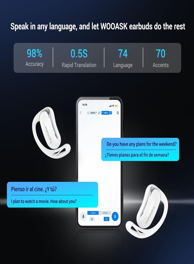 Wooask AI Translation Earbuds Real Time, 144 Language Translator Earbuds Open Ear Design 3-in-1 AI Translation Earbuds Real Time F56 White (No Offline Package) (No Offline Package) - Image 2
