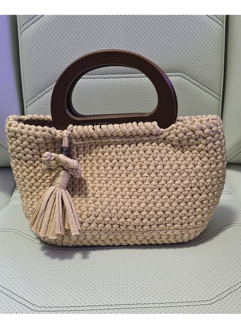 Beige Crochet Handbag with Round Wooden Handles and Tassel