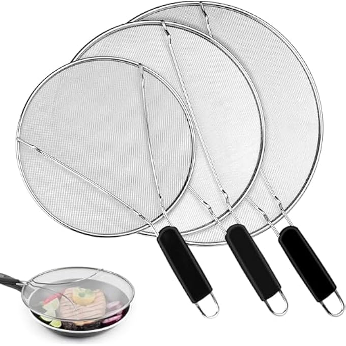 ريحني مجموعة من 3 قطع من شاشات رذاذ المقلاة 98 114 13 شبكة دقيقة من الفولاذ المقاوم للصدأ لحماية تناثر الدهون مع مقبض من السيليكون للطهي لمنع تناثر الزيت - Image 1