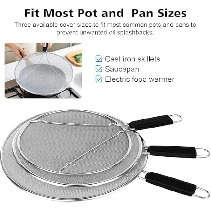 ريحني مجموعة من 3 قطع من شاشات رذاذ المقلاة 98 114 13 شبكة دقيقة من الفولاذ المقاوم للصدأ لحماية تناثر الدهون مع مقبض من السيليكون للطهي لمنع تناثر الزيت - Image 3