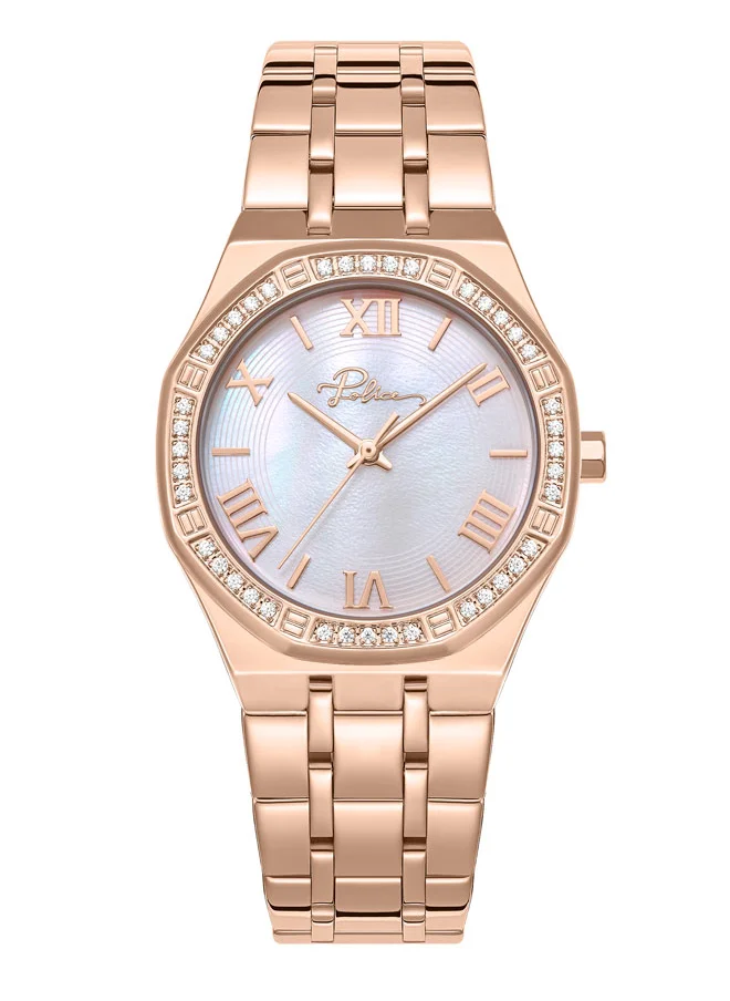 POLICE Moonlight Women's 32mm Rose Gold-Plated Watch with White Mother-of-Pearl Dial & 316L Stainless Steel 5-Link Bracelet