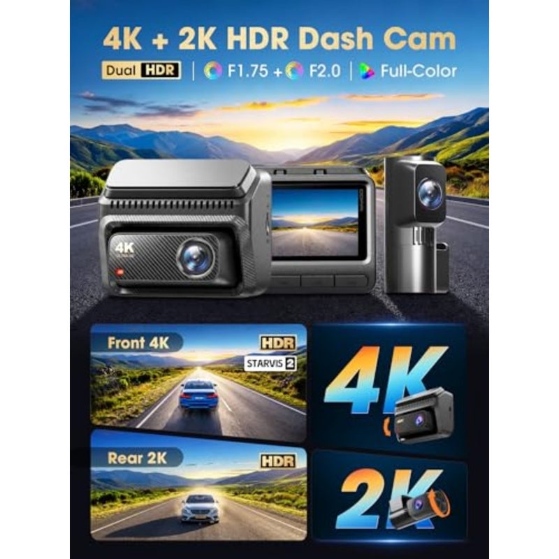 كاميرا داش 4K + 2K للسيارات الأمامية والخلفية، STARVIS2 IMX678 Dual HDR Dashcam، بطاقة 64 جيجا متضمنة، 5G WiFi6، 2K/60FPS، GPS، 3 IPS، رؤية ليلية AI ISP، وضع انتظار 24 ساعة، 4G متاح، Z60 Master - Image 2