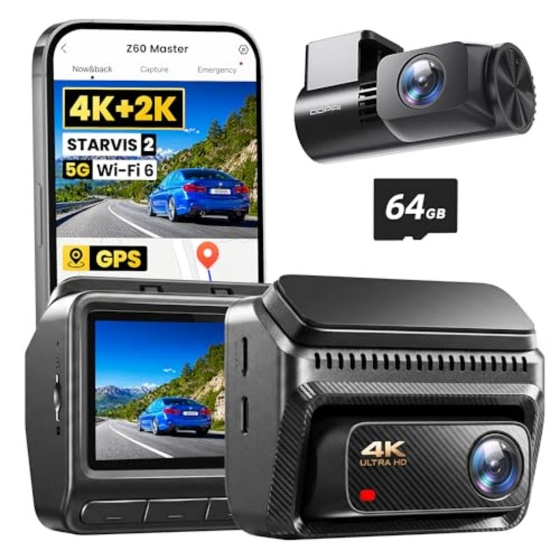 كاميرا داش 4K + 2K للسيارات الأمامية والخلفية، STARVIS2 IMX678 Dual HDR Dashcam، بطاقة 64 جيجا متضمنة، 5G WiFi6، 2K/60FPS، GPS، 3 IPS، رؤية ليلية AI ISP، وضع انتظار 24 ساعة، 4G متاح، Z60 Master - Image 1