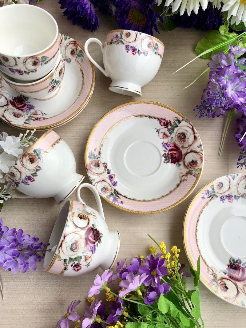 Vigneto Floral Rose Garden Cup and Saucer Set for Tea/Coffee/Hot Drinks | Set of 6 Cup and Saucers, 190 ML | Finest Premium Porcelain | Lead Free | Scratch Resistant | Chip Resistant - Image 3