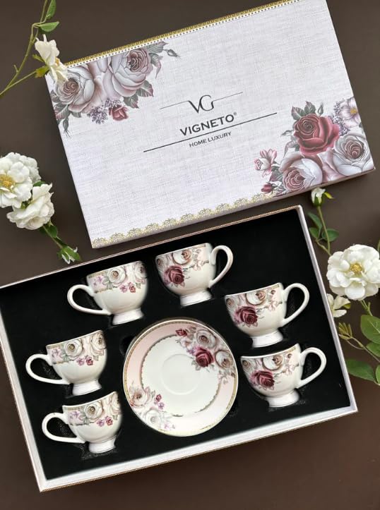 Vigneto Floral Rose Garden Cup and Saucer Set for Tea/Coffee/Hot Drinks | Set of 6 Cup and Saucers, 190 ML | Finest Premium Porcelain | Lead Free | Scratch Resistant | Chip Resistant - Image 2