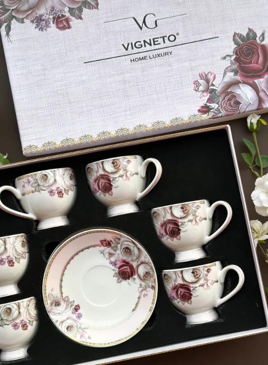 Vigneto Floral Rose Garden Cup and Saucer Set for Tea/Coffee/Hot Drinks | Set of 6 Cup and Saucers, 190 ML | Finest Premium Porcelain | Lead Free | Scratch Resistant | Chip Resistant - Image 4