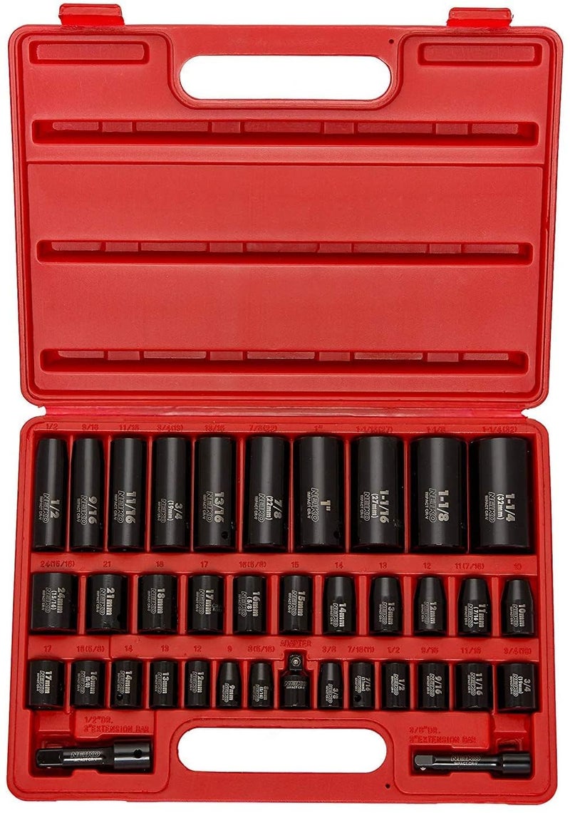 NEIKO 02443A 3/8" and 1/2" Drive Master Impact Socket Set | 38 Piece | Standard SAE (Inch) and Metric (mm) Sizes Below | Deep and Shallow Kit | Cr-V Steel | Includes Duometric Sockets - Image 1