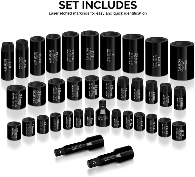 NEIKO 02443A 3/8" and 1/2" Drive Master Impact Socket Set | 38 Piece | Standard SAE (Inch) and Metric (mm) Sizes Below | Deep and Shallow Kit | Cr-V Steel | Includes Duometric Sockets - Image 3
