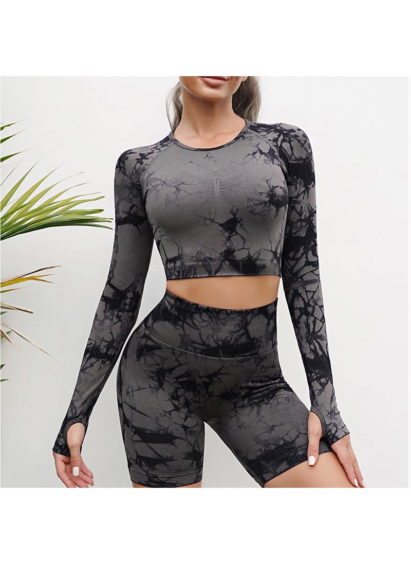 Generic - Seamless Tie-Dye Yoga Suit for Women Autumn Black gray long sleeve - Image 1