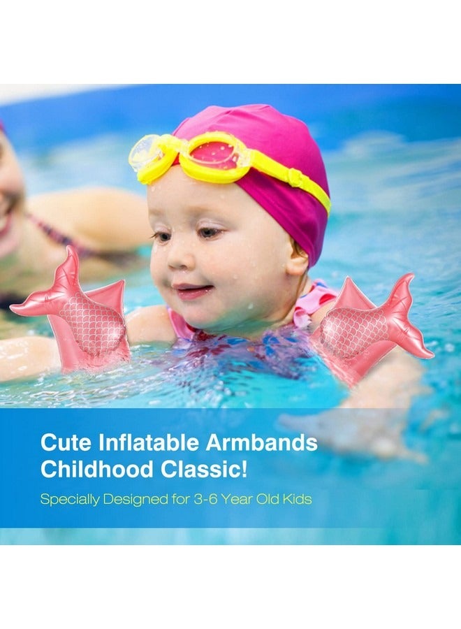 بيوينتي أكمام عائمة قابلة للنفخ للسباحة للأطفال، أساور سباحة كرتونية، عوامات، أكمام عائمة بأجنحة مائية، رياضات مائية في حمام السباحة، تدريب على السباحة، وردي وذيل حورية البحر - Image 2