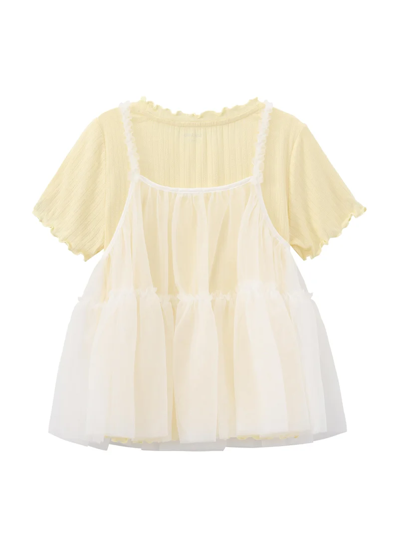 Balabala Light Yellow Kids Girls Round v-neck short-sleeved T-shirt for Women | Best Price UAE