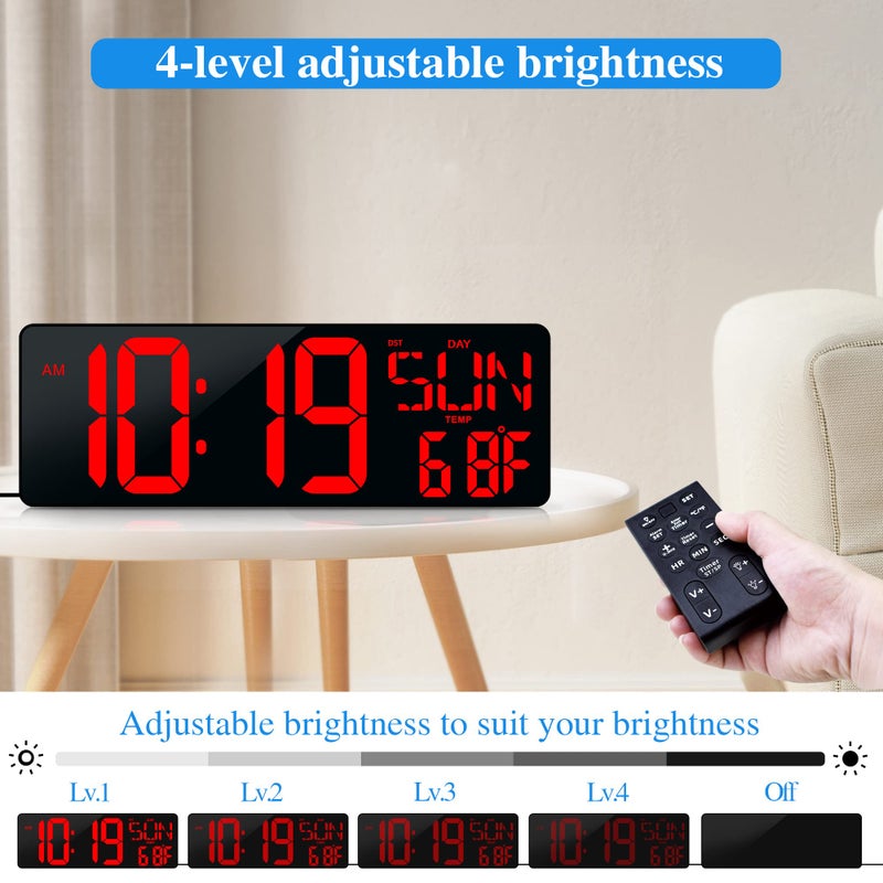 CYMHCHL Large Digital Wall Clock with Remote Control 17.2" LED Large Display Timer with Temperature Date Week Auto DST Adjustable Brightness, Big Wall Alarm Clock for Living Room Office Garage Gym Seniors - Image 4