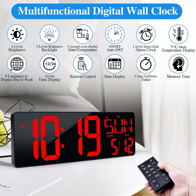 CYMHCHL Large Digital Wall Clock with Remote Control 17.2" LED Large Display Timer with Temperature Date Week Auto DST Adjustable Brightness, Big Wall Alarm Clock for Living Room Office Garage Gym Seniors - Image 3