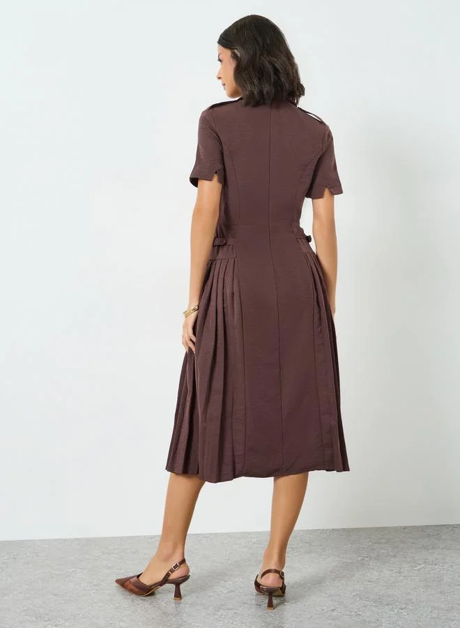 Styli mocha Brown Buckle Detail Fold Pleat Midi Dress for Women | Best Price UAE