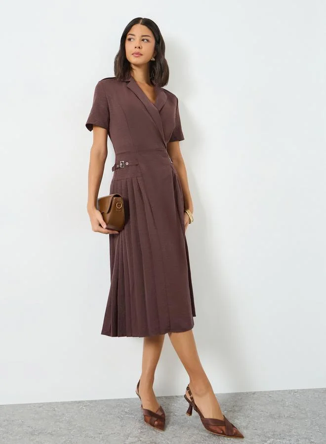 Styli Brown Buckle Detail Fold Pleat Midi Dress