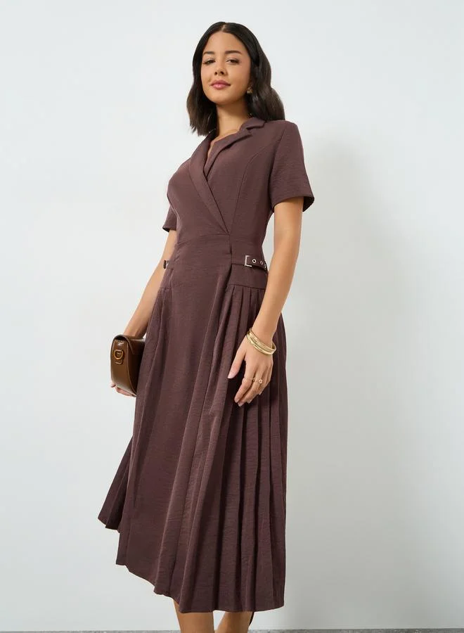 Styli mocha Brown Buckle Detail Fold Pleat Midi Dress for Women | Best Price UAE