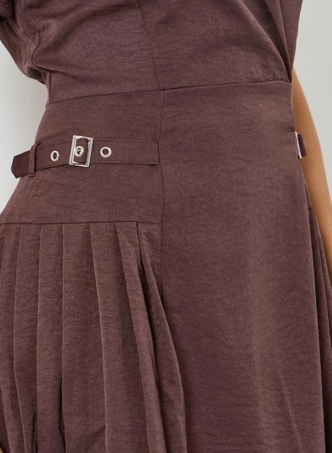 Styli mocha Brown Buckle Detail Fold Pleat Midi Dress for Women | Best Price UAE
