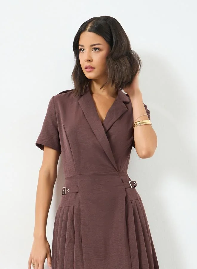 Styli Brown Buckle Detail Fold Pleat Midi Dress