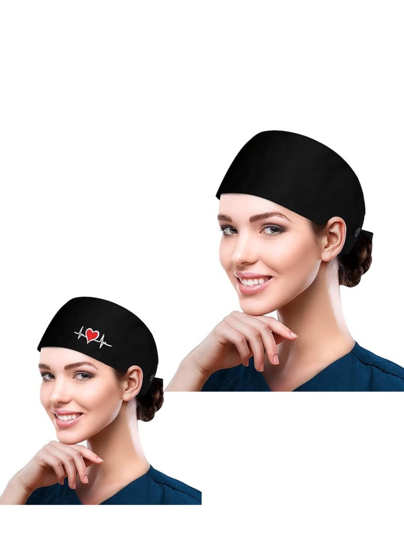 Pack Of 2 Surgical Caps For Female And Male Cotton Nursing Cap With Buttons And Sweatband Adjustable Tie Back Ha - Image 1