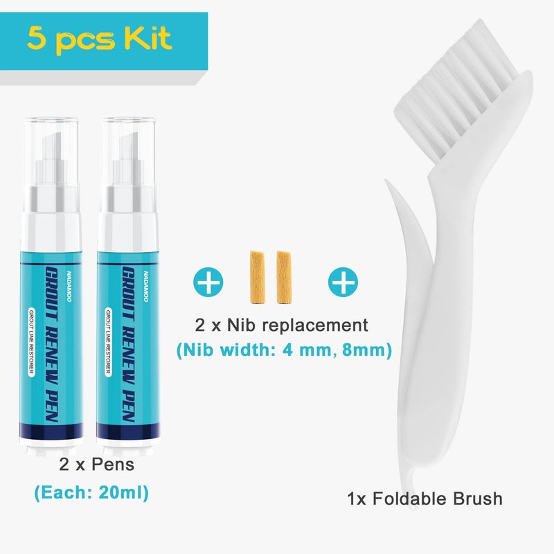 NADAMOO Grout Renew Pen White, 2 Large 20ml Paint Pens, Touch Up Repair Marker for Tile Gap Coating - Restore Grout Line, With 2 Replacement Nibs and 1 Cleaning Brush - Image 2