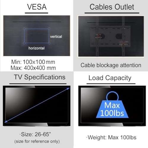 Suptek Ceiling TV Mount Fits Most 26-65 inch LCD LED Plasma Panel Display with Max VESA 400x400mm Loaded up to 45kg/100lbs Height Adjustable MC4602 - Image 5