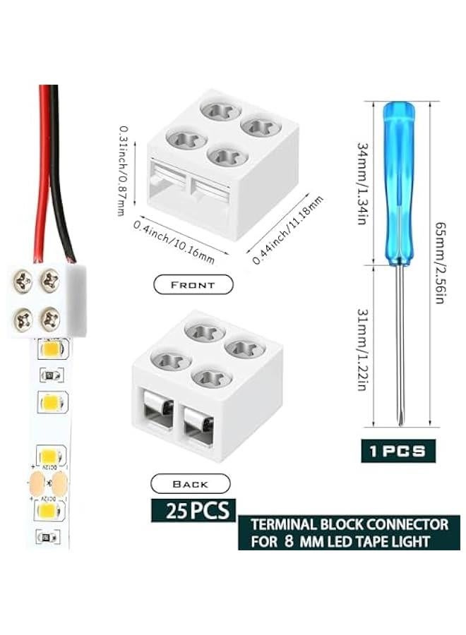 عربست 25 حزمة من موصلات أشرطة الإضاءة LED بدون مأخذ، محكمة بمحطات برغي موصلات 2 دبوس بقطر 8 مم مع مفك براغي موصل أسلاك لأشرطة LED منخفضة الجهد بلون واحد لحديدة الديكور، 2P8MM  - Image 4