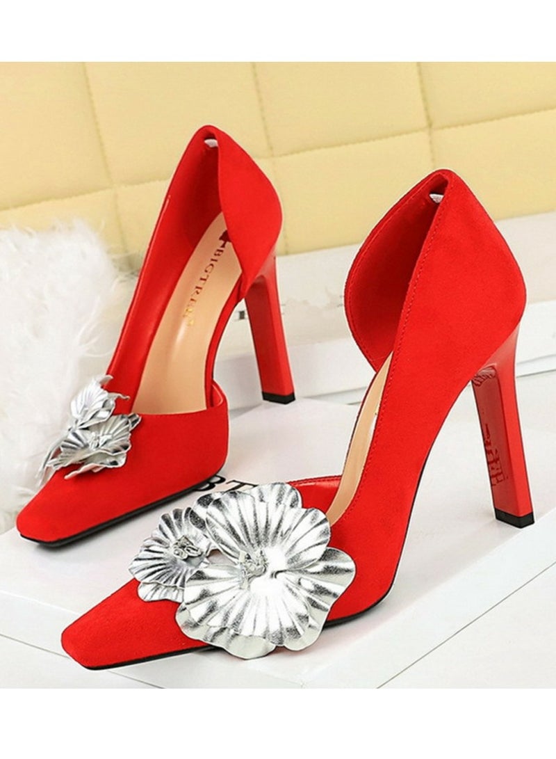 BIGTREE Women's Closed Square Toe High Heels Floral Decoration Stiletto Pumps Red 10.5CM - Image 1