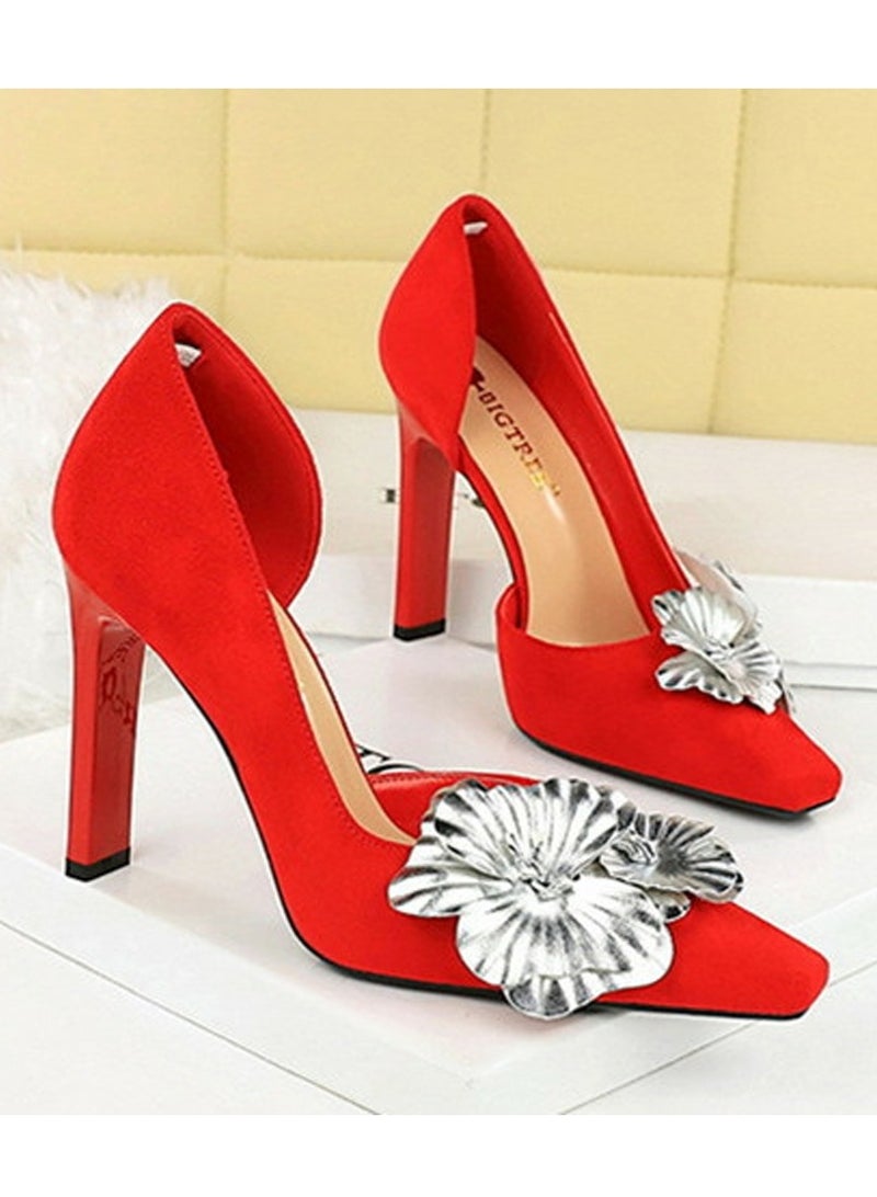 BIGTREE Women's Closed Square Toe High Heels Floral Decoration Stiletto Pumps Red 10.5CM - Image 2