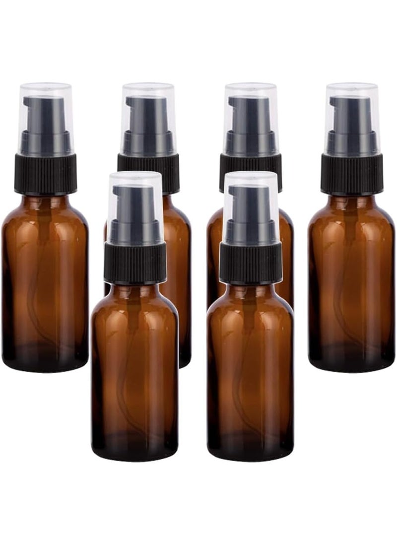 Elandy - 6Pcs 30ml/1oz Brown Glass Lotion Pump Bottle with Black Pump Empty Refillable Essential Oil Dispenser Sample Vials Travel Size Cosmetic Packing Container for Emulsion Essence - Image 1