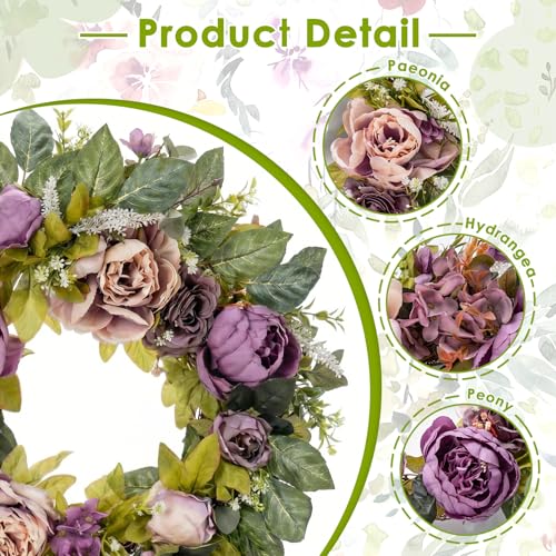 Culudea Peony Wreaths for Front Door Decor, 20" Artificial Purple Flowers Wreath Decorations for Spring Summer Home Door Window Outside Wall Indoor Outdoor Porch and Birthday Wedding Party - Image 4