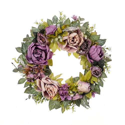 Culudea Peony Wreaths for Front Door Decor, 20" Artificial Purple Flowers Wreath Decorations for Spring Summer Home Door Window Outside Wall Indoor Outdoor Porch and Birthday Wedding Party - Image 1