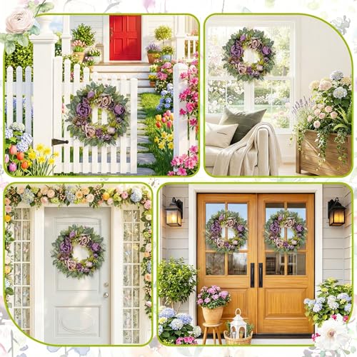 Culudea Peony Wreaths for Front Door Decor, 20" Artificial Purple Flowers Wreath Decorations for Spring Summer Home Door Window Outside Wall Indoor Outdoor Porch and Birthday Wedding Party - Image 5