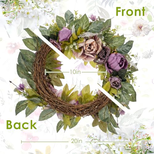 Culudea Peony Wreaths for Front Door Decor, 20" Artificial Purple Flowers Wreath Decorations for Spring Summer Home Door Window Outside Wall Indoor Outdoor Porch and Birthday Wedding Party - Image 2