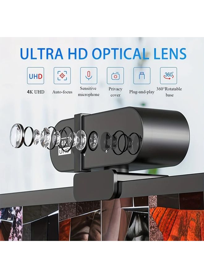 كاميرا ويب بدقة 4K مع تركيز تلقائي، ميكروفون مزدوج لعزل الضوضاء، عدسة واسعة الزاوية، غطاء خصوصية، مع وصل وتشغيل عبر USB للكمبيوتر واللابتوب للبث والألعاب. - Image 3