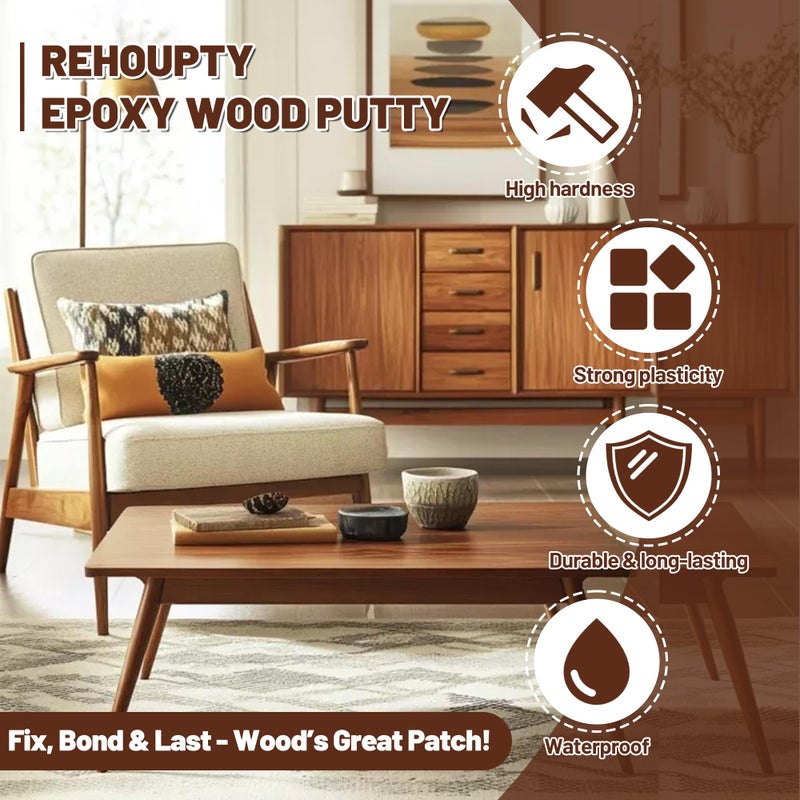 REHOUPTY Epoxy Wood Putty Filler Kit, High Capacity Strength Wood Epoxy & Repair Kit - Stainable Paintable 32oz 2-Part Putty Filler, Woodon Filler Interior & Exterior Furniture Repair Set for Damages (White) - Image 2