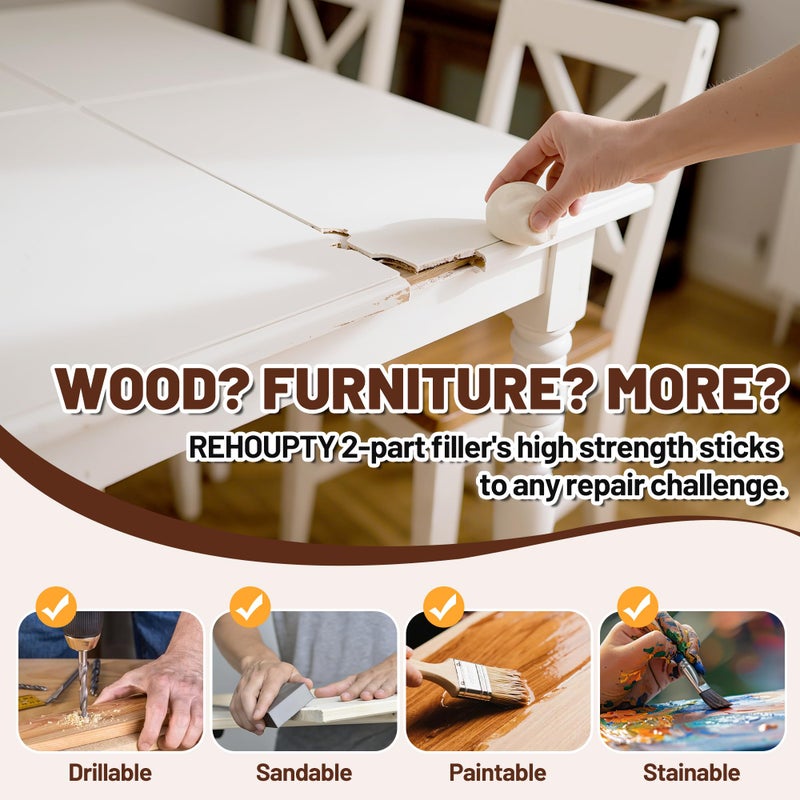 REHOUPTY Epoxy Wood Putty Filler Kit, High Capacity Strength Wood Epoxy & Repair Kit - Stainable Paintable 32oz 2-Part Putty Filler, Woodon Filler Interior & Exterior Furniture Repair Set for Damages (White) - Image 5